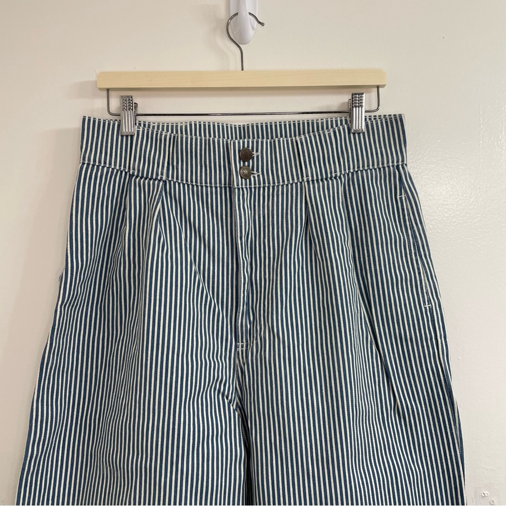 Lucy and Yak Addison High Waisted Organic Cotton Twill Trousers in Blue Stripe